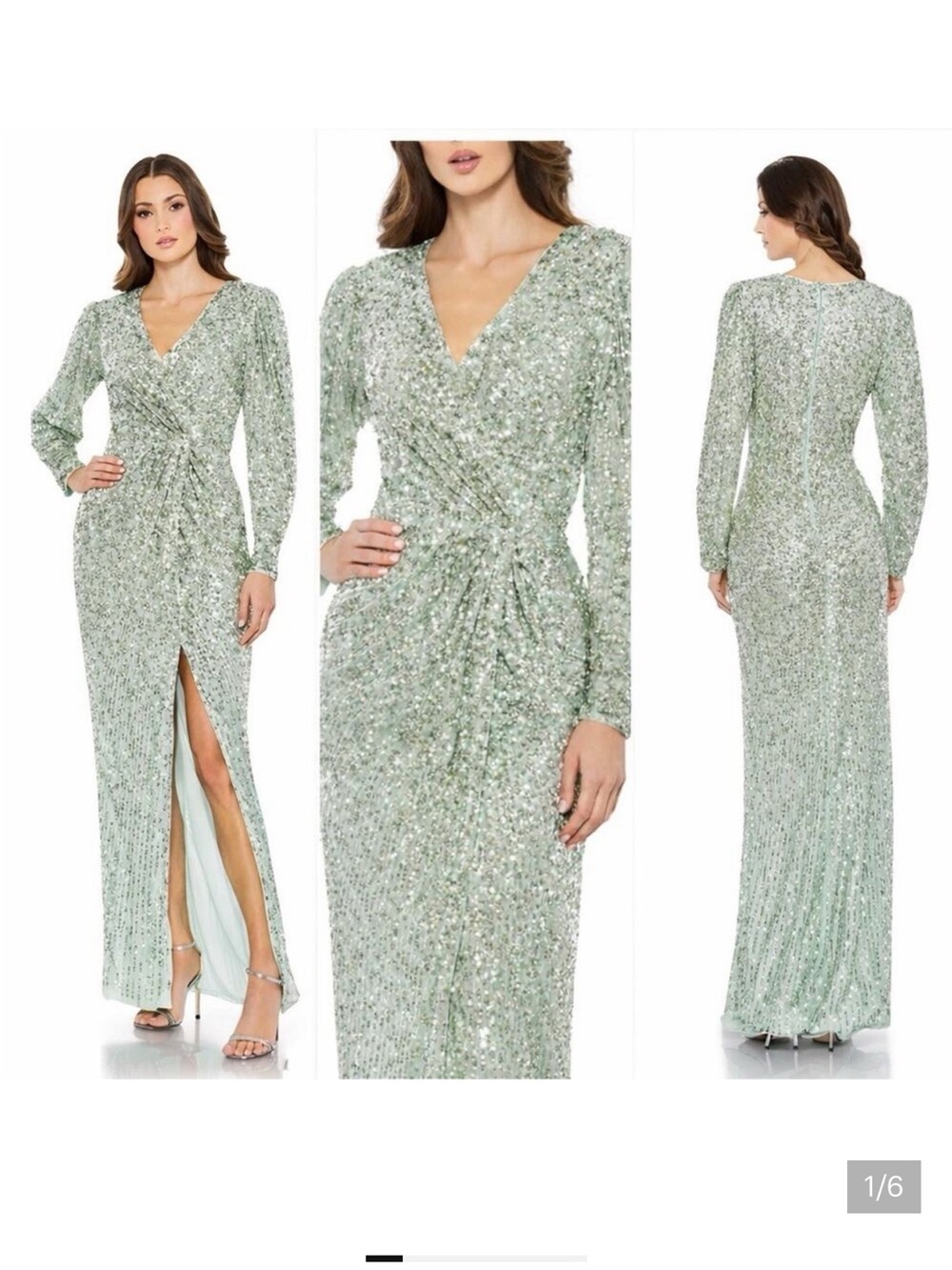 Mac Duggal 5638 Seafoam Green Sequins High Slit Bishop Sleeve Gown Size 12 $598